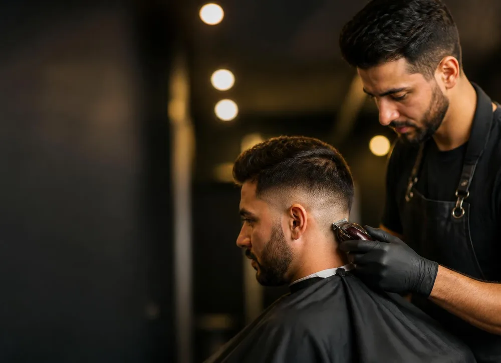 Barbeiro finalizando um corte masculino na Barbearia Nosso Estilo em Vespasiano